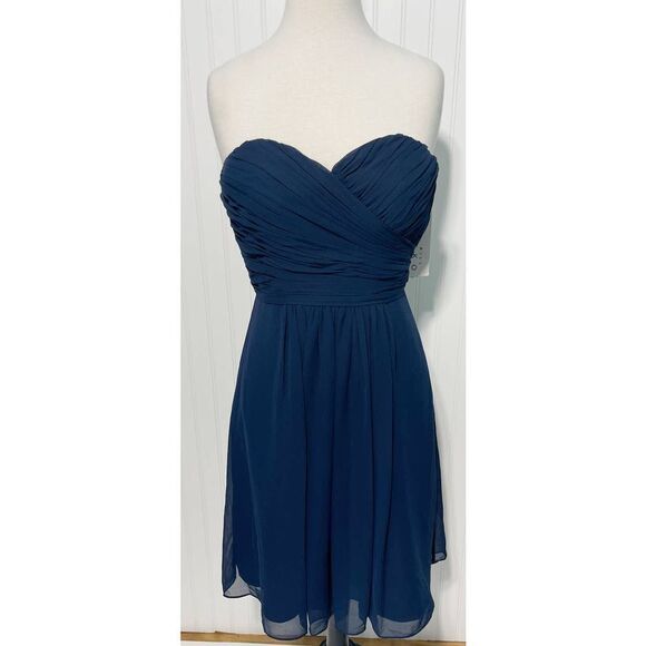 Bill Levkoff Chiffon Strapless Cocktail Dress Sweetheart Neckline Navy Dress 10 - Picture 2 of 13